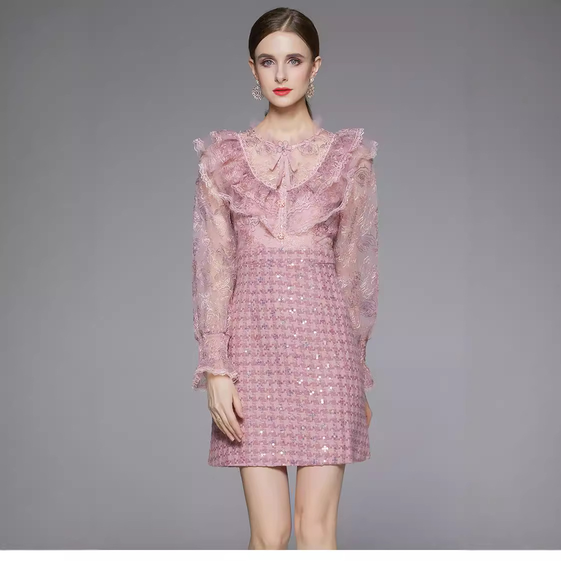Women's Autumn Light Luxury Tweed Dress – Heavy Embroidery, Sequin & Beaded Ruffle Fairy Style